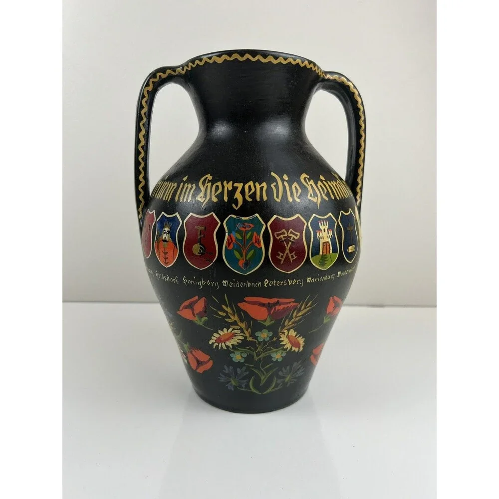 Vintage Double Handled Black Pottery Vase Made In Germany Handpainted Vase